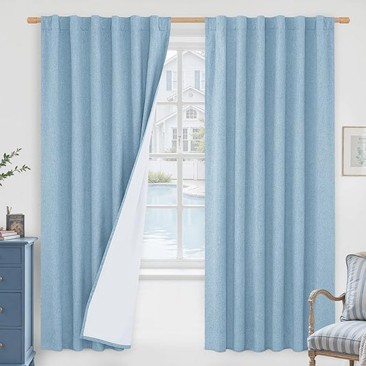 LAMIT 100% Blackout Linen Curtains, 72 Inches Linen Textured Thermal Bedroom Curtains Back Tab and Rod Pocket Neutral Panels with White Liner for Boys' Room, 2 Panels, 52 x 72 Inch, Stone Blue