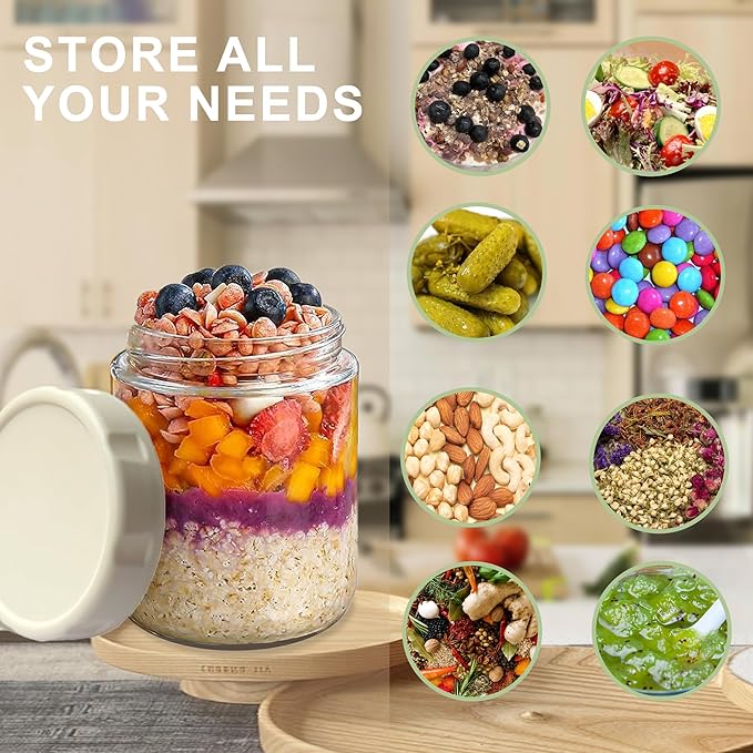 6 Pack Glass Overnight Oats Jars with Airtight Lid, 16OZ Wide Mouth Mason Jars, Leak Proof Glass Food Storage Containers for Yogurt, Oats, Chia Pudding, Snacks, Spice, Sugar