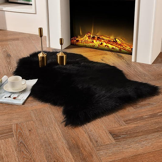 duduta Black Faux Sheepskin Fur Throw Rug 2x3 ft, Fluffy Shag Chair Cover Small Bedside Dorm Rug Non Slip Machine Washable