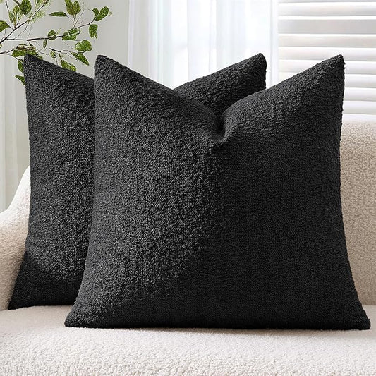 ANRODUO Pack of 2 Textured Boucle Throw Pillow Covers Soft Black Decorative Accent Solid Pillow Cases Cozy Modern Couch Cushion Case for Chair Sofa Bedroom Living Room Home Decor, 18 x 18 Inch