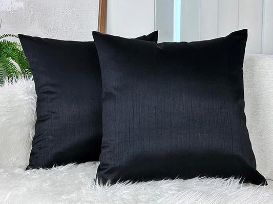Aiking Home 20x20 Inches Faux Silk Square Throw Pillow Cover, Zipper Closure, Black (Set of 2)