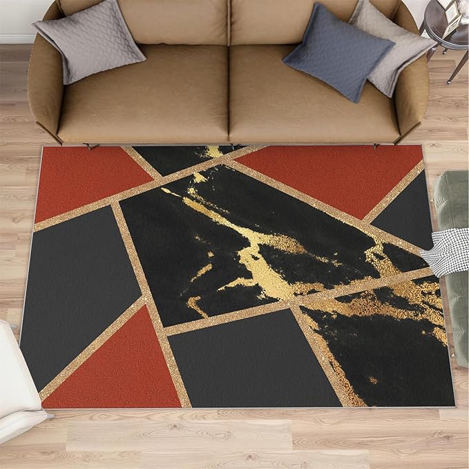 Black Gold Marble Area Rug Modern Abstract Marble Rug Polygonal Geometric Patchwork Carpet 3D Light Luxury Geometric Line Carpet for Living Room Playroom 4x5ft
