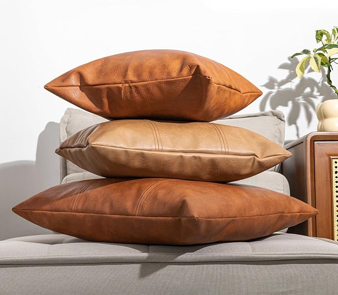 Faux Leather Throw Pillow Covers 20X20 Inch Set of 2 Milan Brown Outdoor Modern Farmhouse Solid Decorative Pillow Covers for Room Couch Living Bedroom Bed Sofa