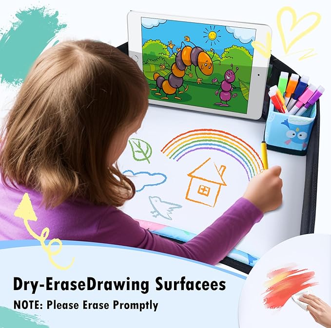 WENRENER Kids Travel Tray, Car Seat Tray for kids Travel, Toddler Road Trip Essentials With Drawing Kit, Toddler Lap Desk Organizer for Car, Carseat Table for Airplane