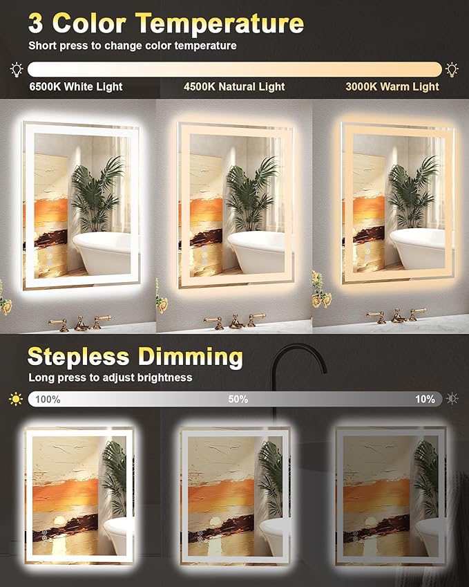 32"x 40" LED Bathroom Mirror, 3 Colors Vanity Mirror with Lights, Front and Backlit Bathroom Mirror with Lights, LED Smart Mirror for Wall, Tempered Glass, Anti-Fog, Stepless Dimmable, Memory(ETL)