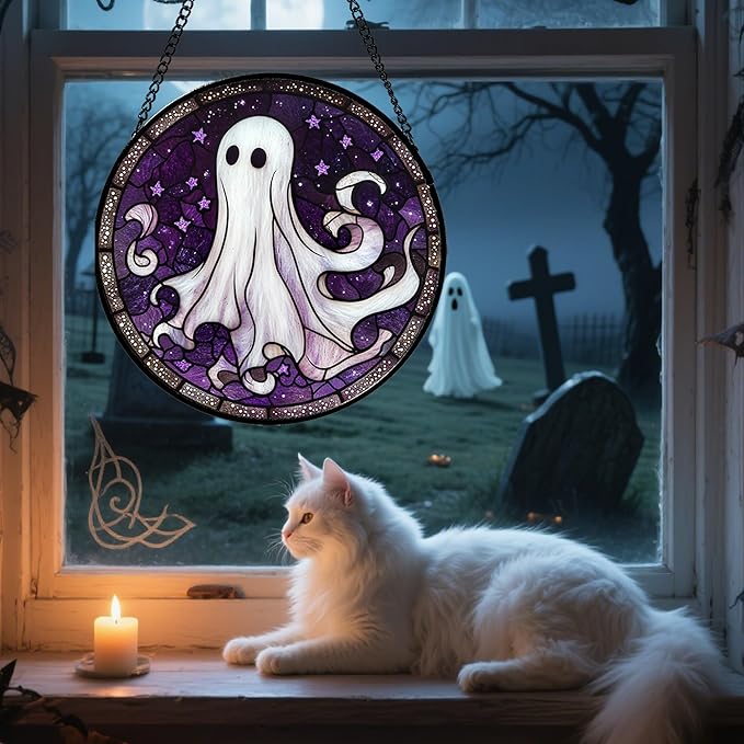 DASTOLL Stained Glass Window Hanging - Halloween Decorations White Ghost Purple Stars Suncatcher for Doors Garden Spooky Funny Sun Catchers Gothic Decor Horror Gifts for Women Men Friend 9.8 in