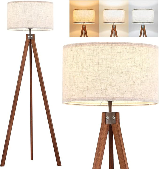 ELYONA Solid Wood Tripod Floor Lamp with 3 Color Temperatures LED Bulb, Mid Century Modern Reading Standing Light Nature Linen Shade Tall Night Light for Bedroom Living Room Office Study Room, Brown