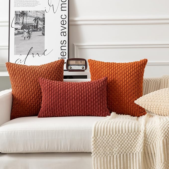 Kevin Textile Fall Throw Pillow Covers Soft Corduroy Decorative Set of 2 Boho Striped Pillow Covers Pillowcases Farmhouse Home Decor for Couch Bed Sofa Living Room 12x20 Inch Rust Brown