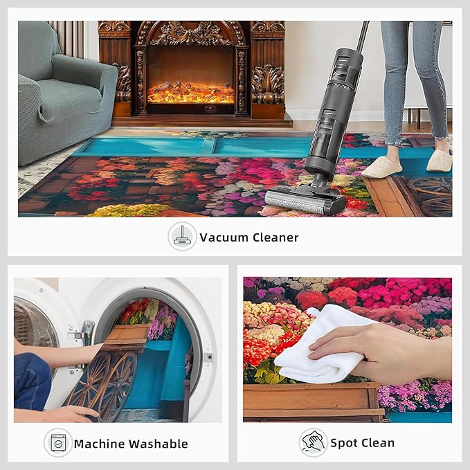 Pastoral Flowers 5x7 Area Rug Colorful Flower Shop Washable Rugs for Living Room Bedroom, Retro Wooden Door Soft Low Pile Non Slip Accent Floor Mat Print Throw Rug Indoor Carpet Dining Room Playroom