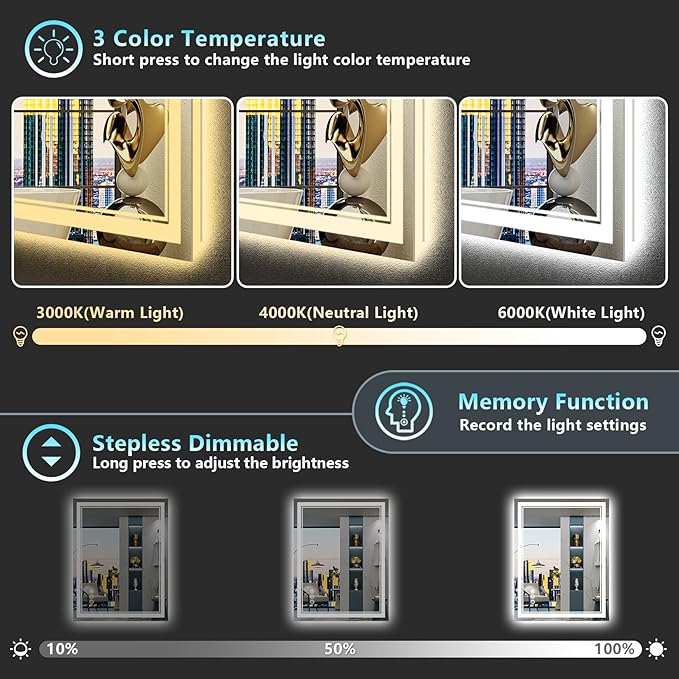 24x30 LED Bathroom Mirror with Lights, Backlit & Front Lit, Anti-Fog Lighted Vanity Mirror for Bathroom Wall, 3 Colors, Dimmable, Memory, HD Tempered Glass, Shatter-Proof, Horizontal/Vertical