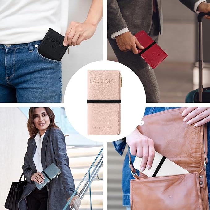 Travel Passport Wallet, RFID Blocking Passport Holder with Zipper, Passport Cover for Women Men, PU Leather Travel Document Organizer with Card Slots, Gift for Family Friends, Blue