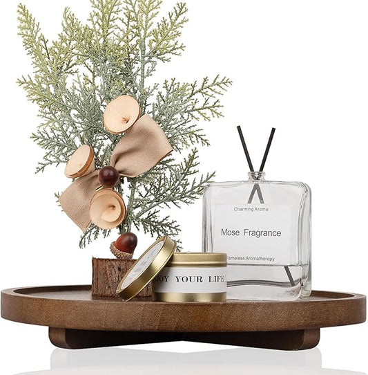 Round Decorative Tray Wood Bathroom Counter Organizer Farmhouse Kitchen Decor Wooden Riser for Soap Dish, Perfume, Candle, Sponge, 12" - Walnut
