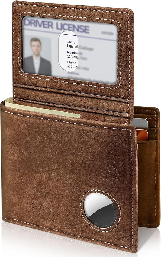 Mens Wallet With AirTag Holder, Bifold Leather RFID Blocking 1-2 ID Windows 12-13 Card Holders, Gift Box and Screen Protector Included, AirTag Not Included