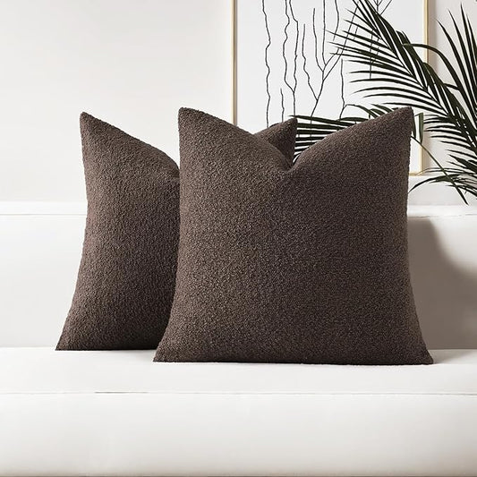HAUSSY Set of 2 16x16 Decorative Throw Pillow Covers, Soft Cozy Textured Boucle Couch Cases, Home Decor for Couch Bed Living Room, Dark Coffee