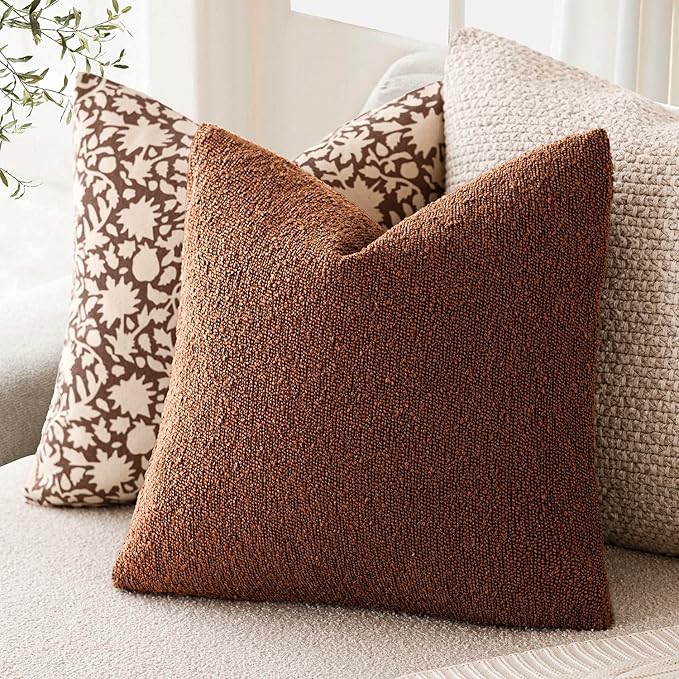 Foindtower Decorative Textured Boucle Throw Pillow Covers Accent Solid Pillow Cases Neutral Soft Cozy Couch Cushion Case for Chair Sofa Bedroom Living Room Home Decor 18x18 Inch,1PC,Red Taupe