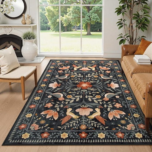 Moynesa Floral Bird 6x9 Black Area Rug for Living Room Bedroom Dining Room, Folk Art Home Decorations for Modern Transitiona Open Areas,Family Friendly Comfort Floor Protection Non-Slip Washable