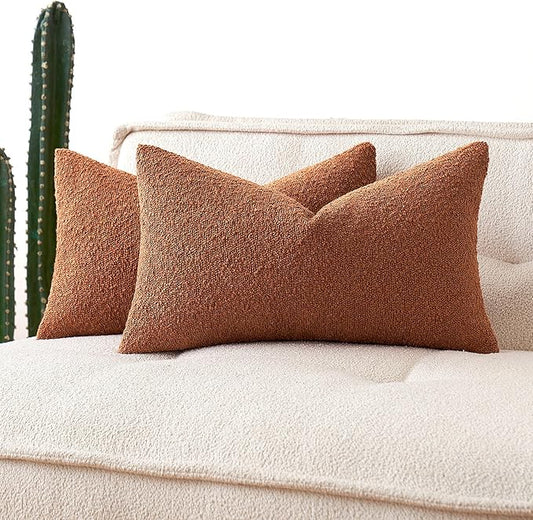 MIULEE 12x20 Inch Decorative Lumbar Throw Pillows for Bed Set of 2 Textured Boucle Neutral Winter Throw Pillow Covers Rust Accent Solid Pillowcases Sofa Livingroom Home Decor