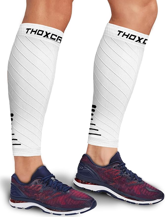 Thoxcare Calf Compression Sleeve for Men Women (1 Pair), Leg Support Footless Compression Socks for Running - Shin Splint Varicose Veins Swelling & Pain Relief, White/Black, Small