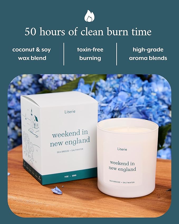 Literie NYC Inspired Scented Candle: Weekend in New England - Sea Breeze & Saltwater Scent, 9oz, 50 Hour Burn, Vegan Soy & Coconut Blend Candle for Home Decor, Gift for Women & Men