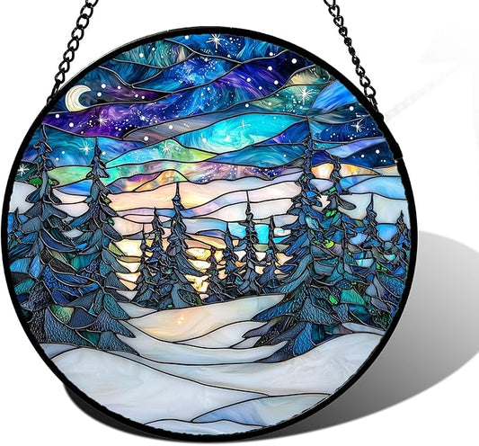DASTOLL Stained Glass Window Hanging, Starry Sky Trees and Snow Sun Catchers Glass Panel Blue Suncatcher Decor for Birthday for Women, Men, Wife, Aunt, and Mom 6.3 in