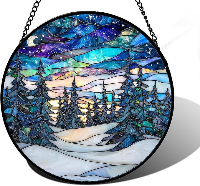 DASTOLL Stained Glass Window Hanging, Starry Sky Trees and Snow Sun Catchers Glass Panel Blue Suncatcher Decor for Birthday for Women, Men, Wife, Aunt, and Mom 9.8 in