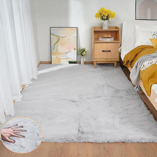 Washable Area Rugs 5x7 Rugs for Living Room Silver Grey Faux Rabbit Fur Rug for Bedroom Faux Sheepskin Rug Teen Room Home Décor