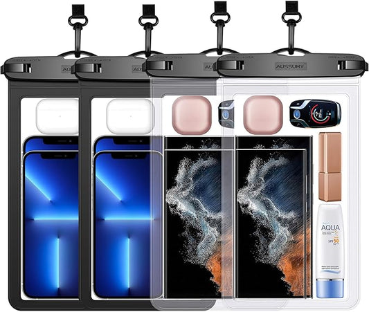 4 Pack 10.5“ Large Waterproof Phone Pouch - Underwater Clear Cell Holder - Universal Water Proof Dry Bag with Neck Lanyard for iPhone 16 Pro Max Samsung Galaxy with Heavy Case for Beach Swimming Pool