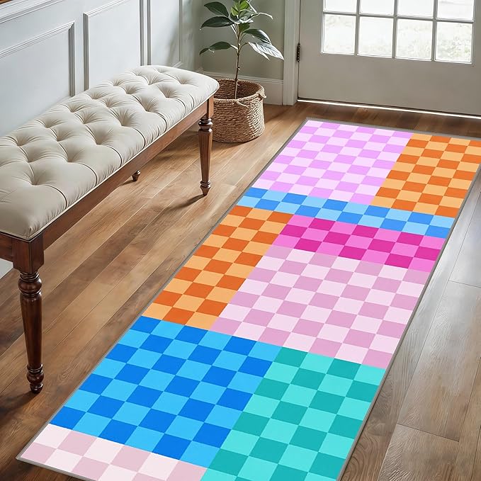 Multicolored Checkerboard Grid Runner for Entryway, 2.6x10ft, Boho Colorful Checkered Pattern Kids Playing Mat, Cozy Soft Absorbent Reduce Noise Rugs, Durable Washable Carpet for Family