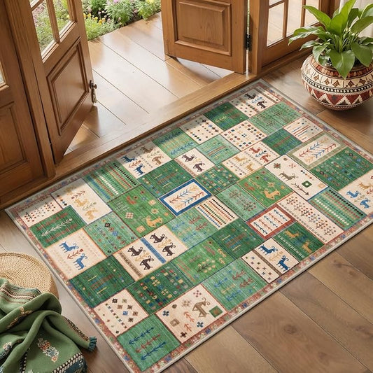 Tangsoo 2x3 Small Rugs for Entryway,Washable Vintage Entry Rug Non Slip, Soft Low Pile Throw Rugs Tribal Front Indoor Rug Small Carpet for Entrance Bedroom Kitchen Laundry Bedside (Green Beige)