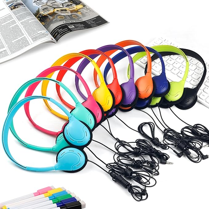 Headphones Bulk 20 Pack for School Classroom School Student,Class Set of Headphones for Students Computer,Library,Online Lesson and Testing 3.5mm Jack (10 Multi Color)