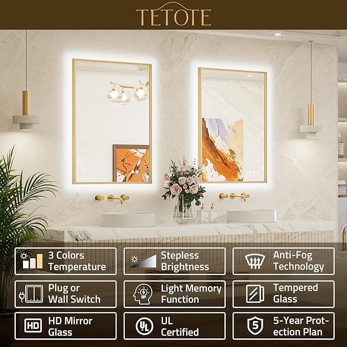 TETOTE 72 x 36 Backlit Bathroom Mirror Brushed Gold Metal Frame LED Light Vanity 3-Color White/Warm/Natural Stepless Dimmable Anti-Fog Backlight Mirror Wall-Mounted