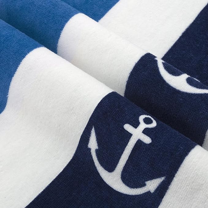 cabanana Large Beach Towel Oversized - Cotton Velour 35 x 70 Inch Anchor Striped Terry Pool Towel, Cabana Soft Swimming Towel for Adults Women Men (Navy Blue)
