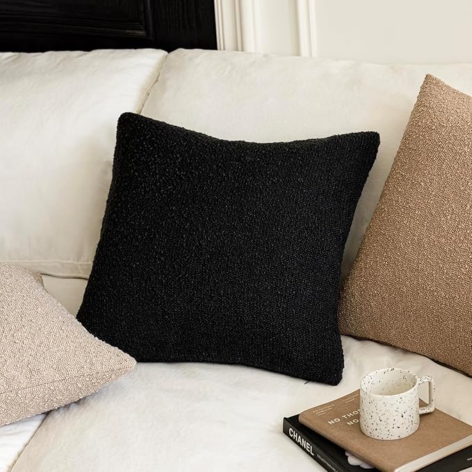 Foindtower Decorative Textured Boucle Throw Pillow Covers Accent Solid Pillow Cases Neutral Soft Cozy Couch Cushion Case for Chair Sofa Bedroom Living Room Home Decor 26 x 26 Inch,Black