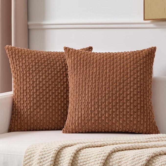 Kevin Textile Fall Decorative Pillow Covers Set of 2 Striped Plush Corduroy Pillows Pillowcases Boho Home Decor Cushion Covers for Couch Sofa Bed Living Room 20x20 Inch, Burnt Orange