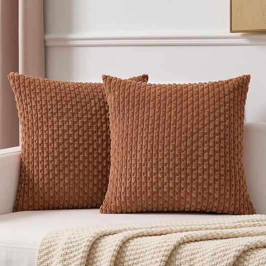 Kevin Textile Fall Decorative Pillow Covers Set of 2 Striped Plush Corduroy Pillows Pillowcases Boho Home Decor Cushion Covers for Couch Sofa Bed Living Room 20x20 Inch, Burnt Orange