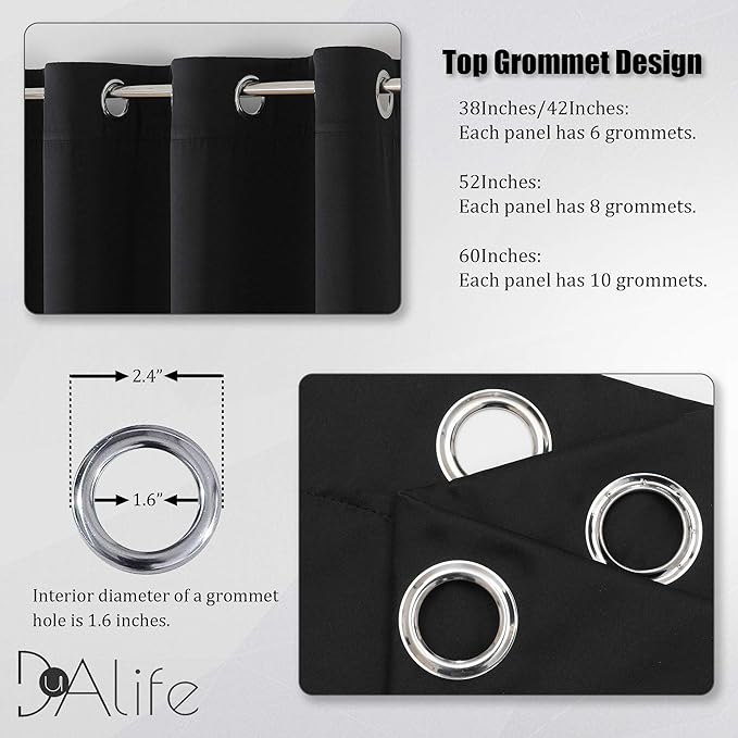 DUALIFE Blackout Curtains 60 inches Wide x 84 inches Long 2 Panels - Grommet Wall Divider Drapes Thermal Insulated Curtains for Bedroom Doorway, Black Color