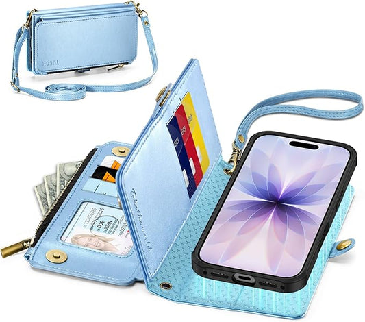 TUCCH Crossbody Detachable Wallet Case for iPhone 17 (6.3"), 9 Card Slots RFID Blocking | Wireless Charging | Wrist Strap Lanyard | Stand | Zipper Pocket | PU Leather Phone Cover | Pearly Light Blue