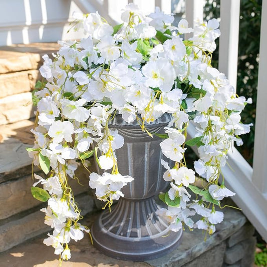 Fake Hibiscus Artificial Hanging Flowers Plants for Outdoors Spring Decoration, 4pcs Silk Hibiscus Vines Realistic UV Resistant White Faux Flowers for Outside Planter Porch Patio Yard Wedding Party