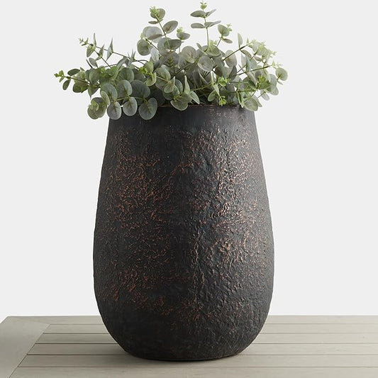 Wallowa 20" H Weathered Concrete Tall Planter, Black Large Outdoor Indoor Decorative Flower Pot with Drainage Hole, Modern Round Style for Home, Garden, Patio, Courtyard, Bronze Rust with Green Tone
