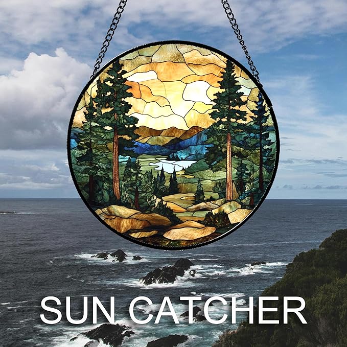 Stained Glass Window Hanging Forest Lake Mountain Sunset 9.8" - Suncatcher Door Garden Sunroom Sun Catcher Home Decor Birthday Christmas for Mom Men Woman Nana Friend