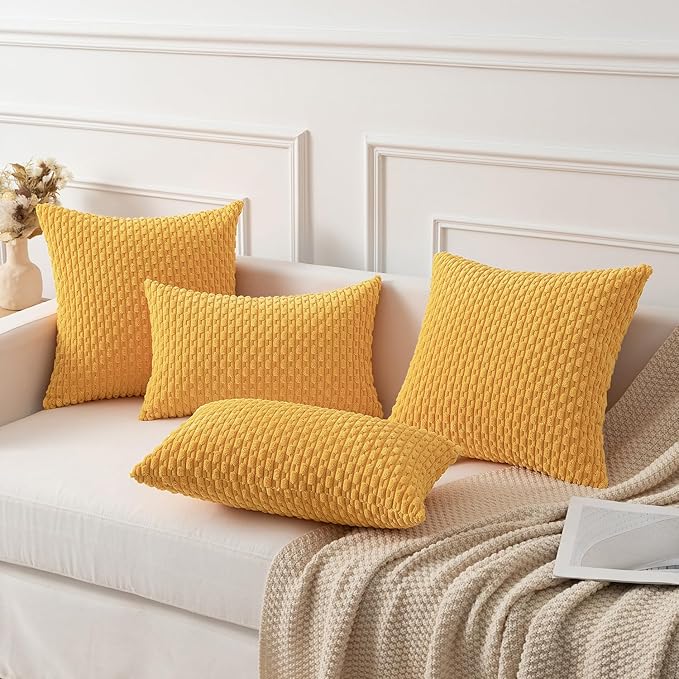Kevin Textile Decorative Pillow Covers Soft Striped Velvet Throw Pillow Covers Set of 2 Cushion Cover for Chair 18 x 18 Inch Yellow