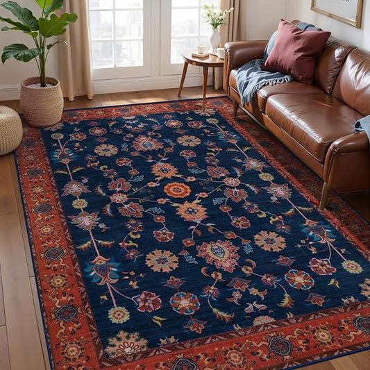 Tangsoo Floral Area Rug 4x6 Machine Washable Red Blue Rug Non-Slip Vintage Distressed Boho Print, Low Pile Carpet for Living Room, Bedroom, Dining Room, Pet & Child Friendly (Red Blue)