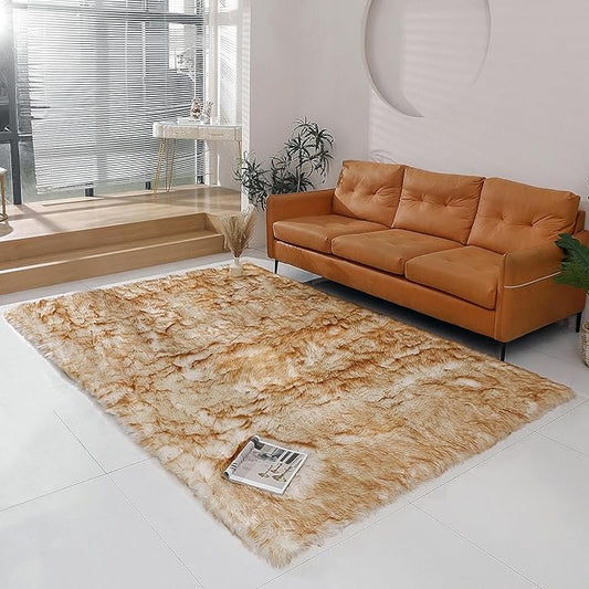 Faux Fur Rug Sheepskin Shag Fluffy Fuzzy 6x9 ft Rugs for Bedroom Bedside Bed Floor Living Room Plush Rectangle High-Density Cushion Carpet Super Sofa Cover White and Yellow