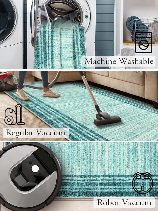 Lahome Modern Abstract Runner Rug, 2.5x10 Teal Long Kitchen Runner Non Skid Washablel Rug Runners for Hallways, Low Pile Soft Entryway Rug Indoor Floor Carpet Runner 10ft for Bedroom Laundry