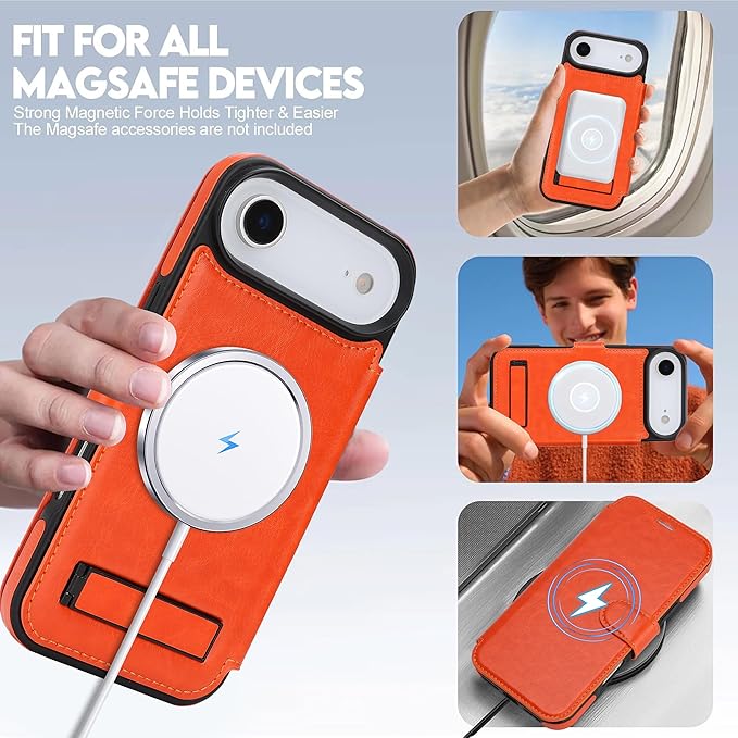 CIVICASE for iPhone Air Wallet Case with Stand,PU Leather Flip Credit Card Holder Slots (RFID Blocking),Compatible with Magsafe Magnetic Holder Phone Cover Women Men,Orange