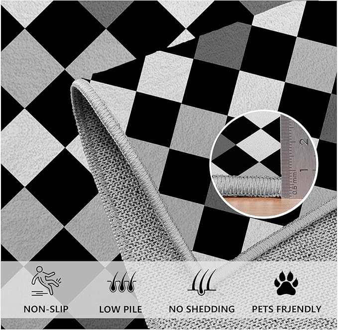 Black and White Rug 3x5, Rhombus Geometric Soft Ultra Soft Faux Wool Low Pile Rug, Indoor Floor Mats Carpet, Non-Slip Stain Resistant Washable Rugs, Modern Abstract Checkered Rugs for Living Room