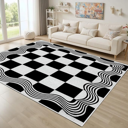 Checkered Area Rug, Checkerboard Rug, Geometric Plaid Washable Rugs, Modern Checkered Area Rugs, Wavy Line Carpet Non Slip for Bedroom Retro Home Decor Mat 5x6