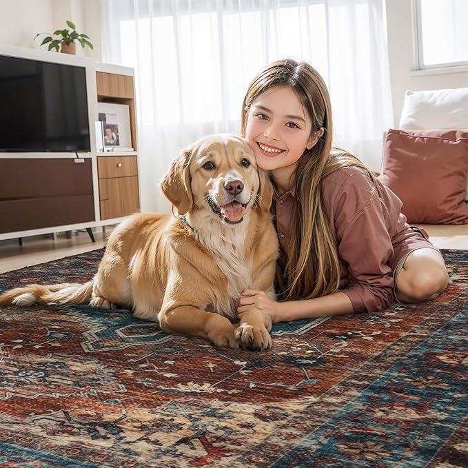 Tangsoo Washable Rug 4x6 Area Rug, Oriental Rug Indoor for Living Room, Non Slip Machine Washable Large Rugs, Soft Print Distressed Carpet for Bedroom Dining Room Dorm Office