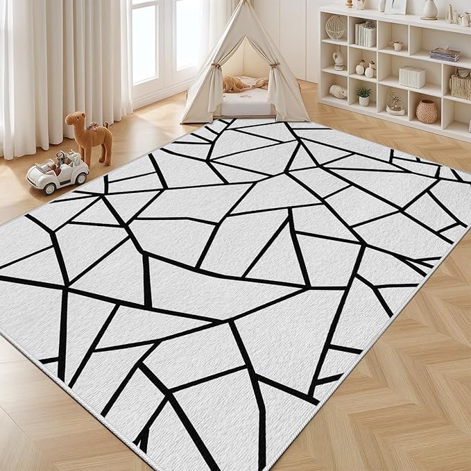 Black and White Rug, Area Rugs 8x10, Modern Abstract White and Black Rug, Geometric Rugs for Living Room Bedroom, Irregular Polygon Carpet Washable Non Slip Home Decor