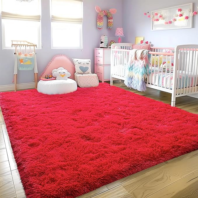 Ultra Fluffy Rug for Living Room Bedroom, 5x7 Fuzzy Large Area Rug for Living Room, Plush Soft Shag Carpet for Girl Boy Kids, Non Slip Rug Modern Indoor Home Decor Aesthetic, Red